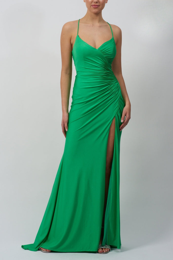 Emerald green long evening dress with rouching and high slit