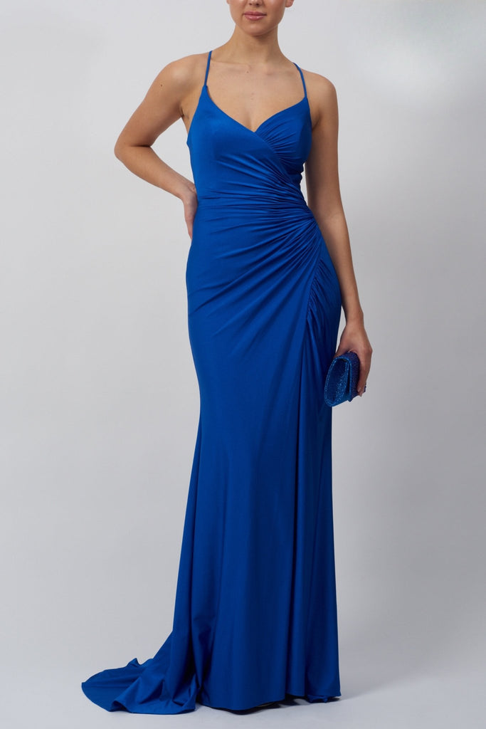 Royal blue long evening dress with rouching on the side