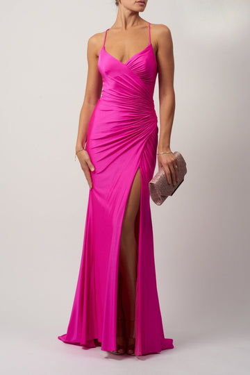 Hot pink long evening dress with rouching on side and high split
