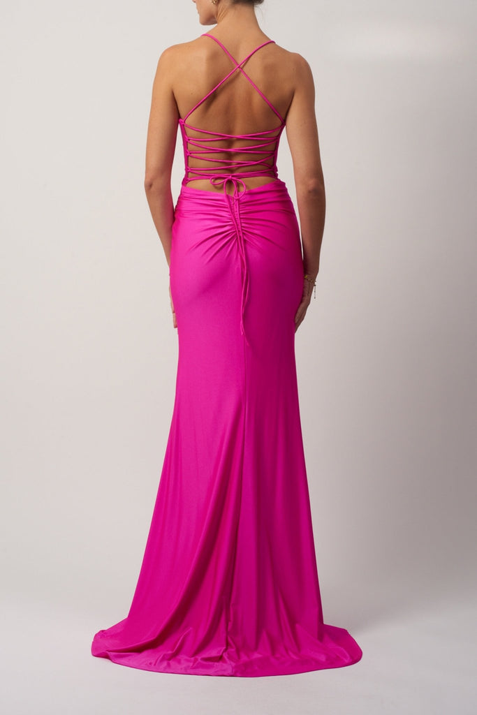 Hot pink long evening dress with rouching on the bum and lace-up back
