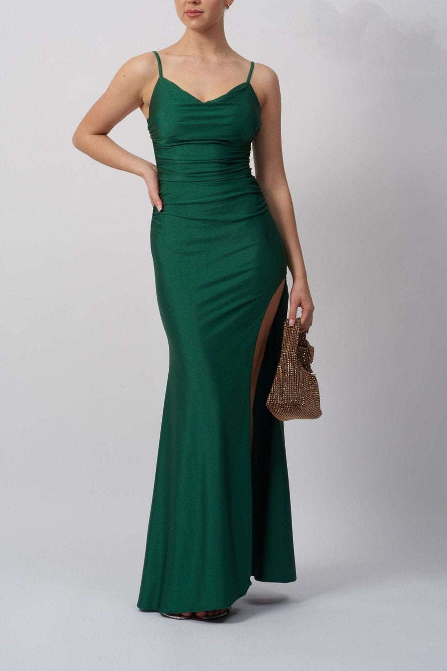 Forest Green Rouched Jersey Evening Dress MC213325 with thin straps and high leg slit, ideal for prom, weddings, or black tie events.
