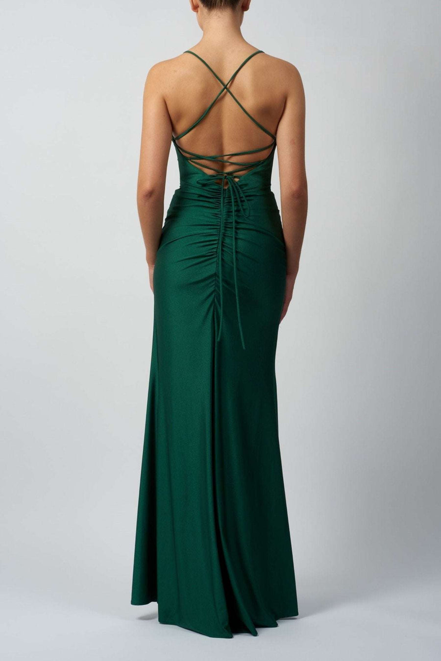 Forest Green Jersey Tie Dress with rouched back and crisscross tie straps, showcasing a fitted silhouette and elegant floor-length design.