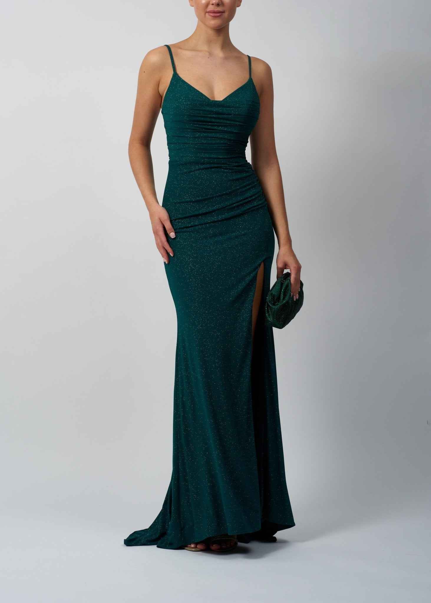 Green Jersey Glitter Prom Dress - MC223226 | Pleats, High Split Green Jersey Glitter Prom Dress - MC223226 | Pleats, High Split