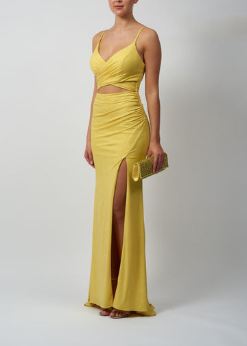Canary Yellow Criss-cross Jersey Prom Dress MC22328