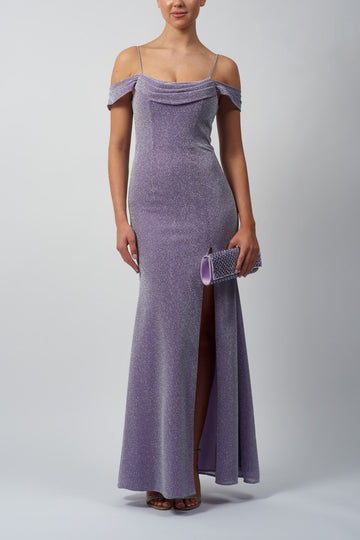 lady wearing a sparkly off shoulder evening dress in Lavender colour