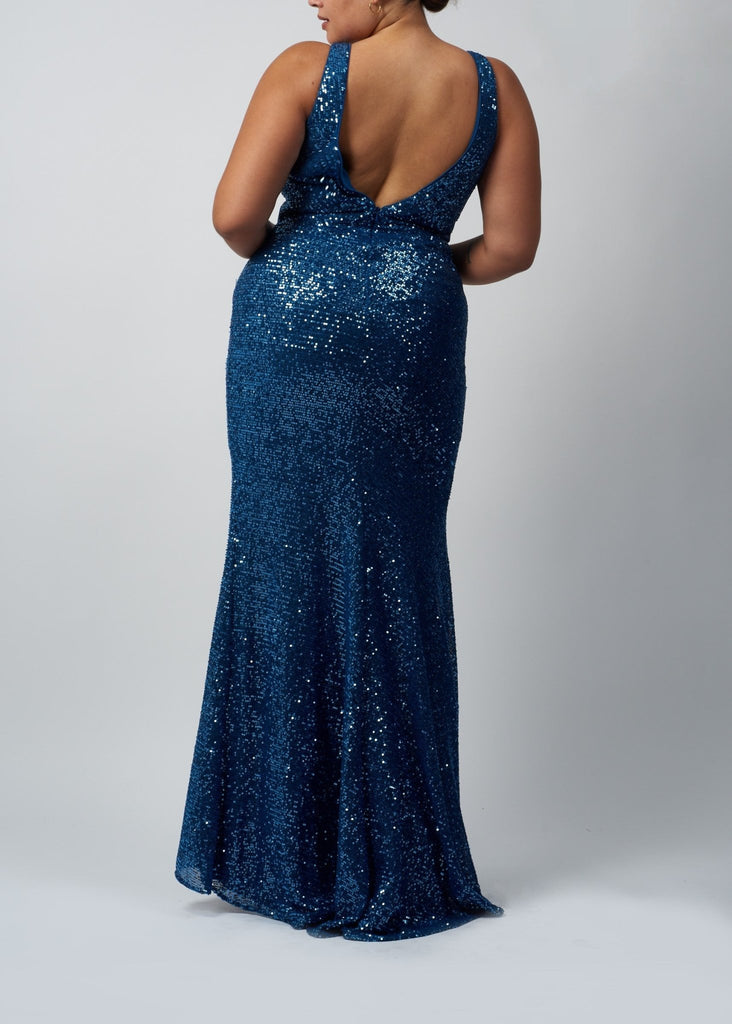 Curvy Steele Blue Full Sequin Evening Dress MC518941