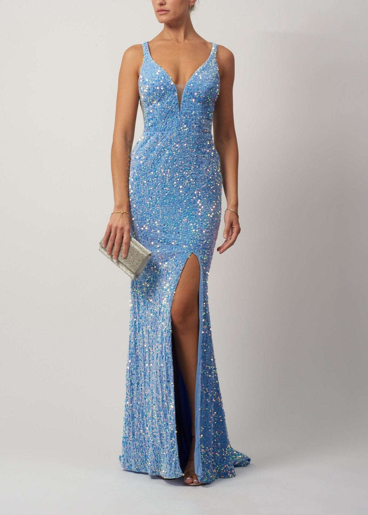 Powder Blue Sequinned Gown MC18942 featuring a deep V-neckline, thigh-high slit, and figure-hugging silhouette, ideal for Prom 2024 elegance.