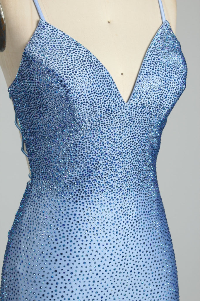 close up of blue sparkle prom dress
