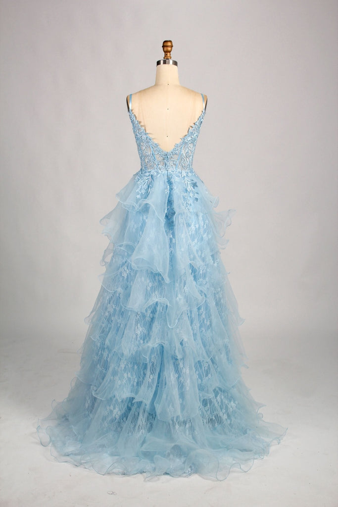 Back of sky blue lace tiered dress