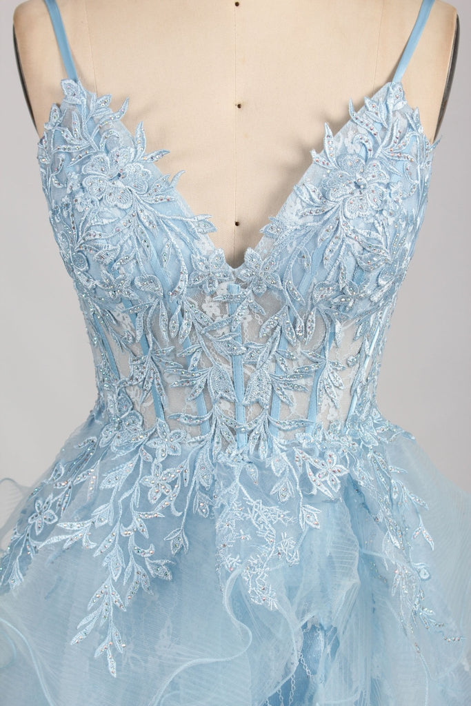 Close up of bodice on front of sky blue lace tiered dress