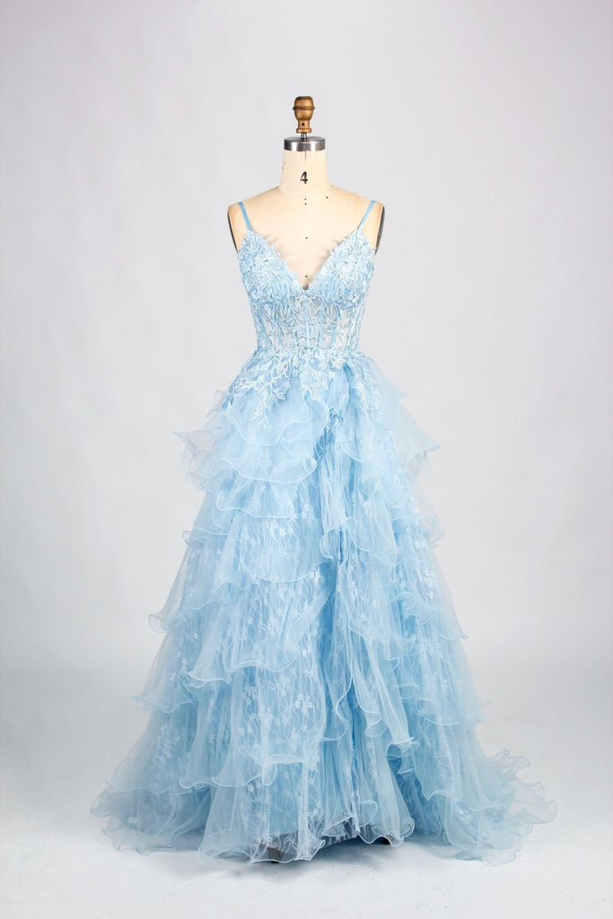 Front of sky blue lace tiered dress