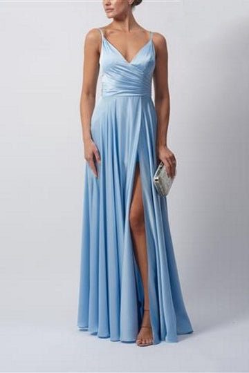 Young female standing in a Baby Blue Satin Pleat Prom Dress