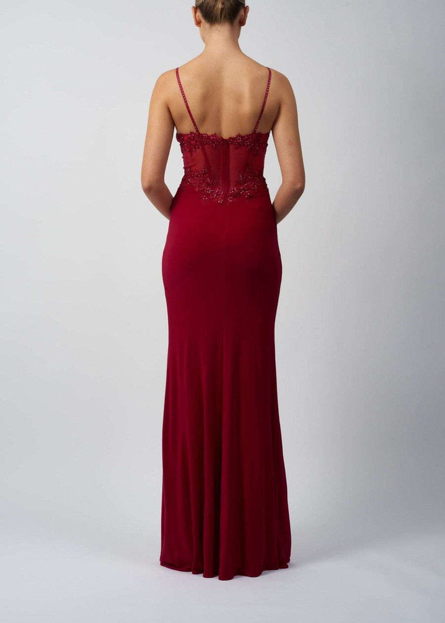 Back view of Mascara MC193212 Jersey Corset Dress featuring lace-up corset bodice and figure-hugging jersey fabric. Ideal for prom.