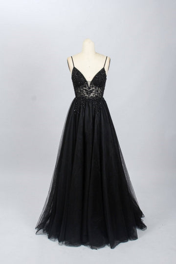 Black 32564b V-Neck Beaded Prom Dress with Sexy Side Split - Cargo Clothing