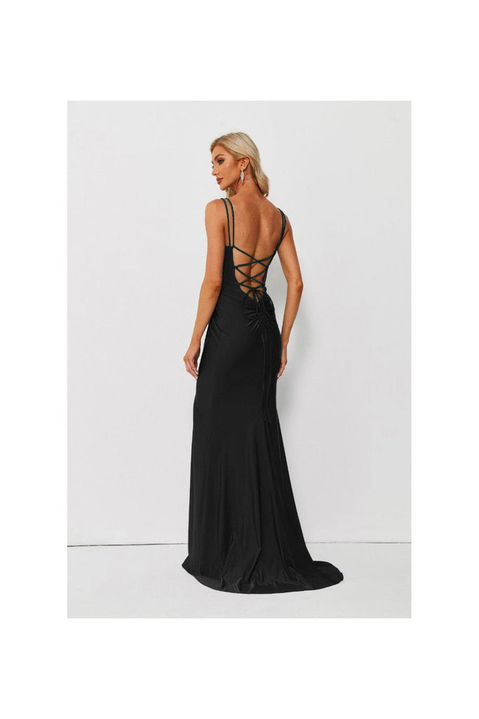 Black 32663 High leg split backless gown