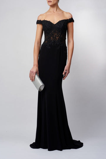 Black MC120951 Bardot Lace Jersey Gown - Cargo Clothing