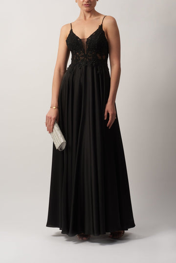 BLACK MC12204 Embroidered Satin Dress