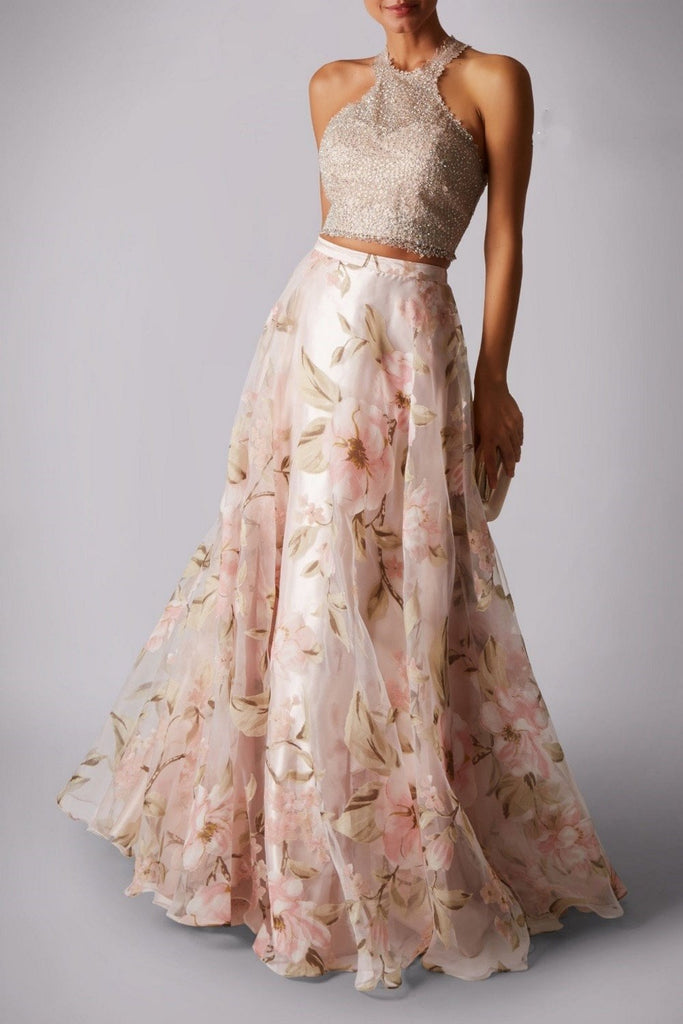 Blush flower print beaded prom top with skirt  MC181349