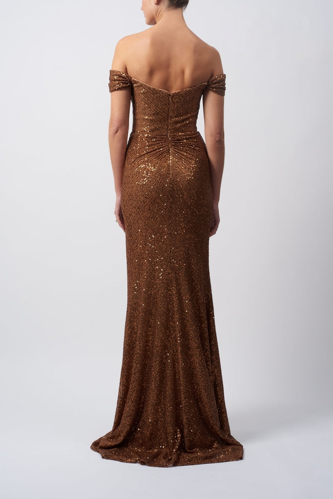 Young female standing in a Bronze Sequins Dress back image