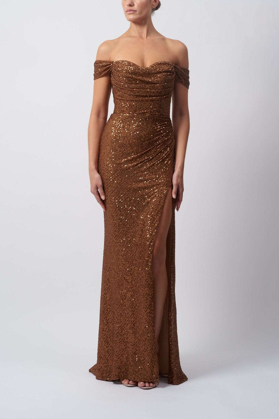 BRONZE Off-Shoulder Sequins Dress - Sweetheart Neckline | Sale BRONZE Off-Shoulder Sequins Dress - Sweetheart Neckline | Sale