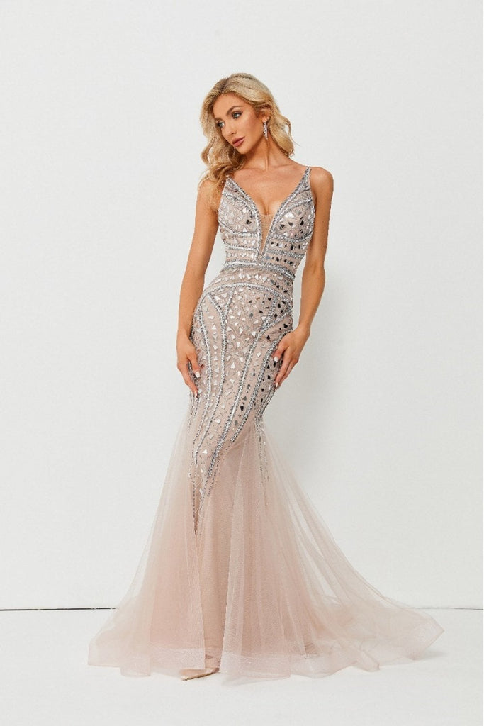 BROOKE Pink Fully Embellished Mermaid Dress