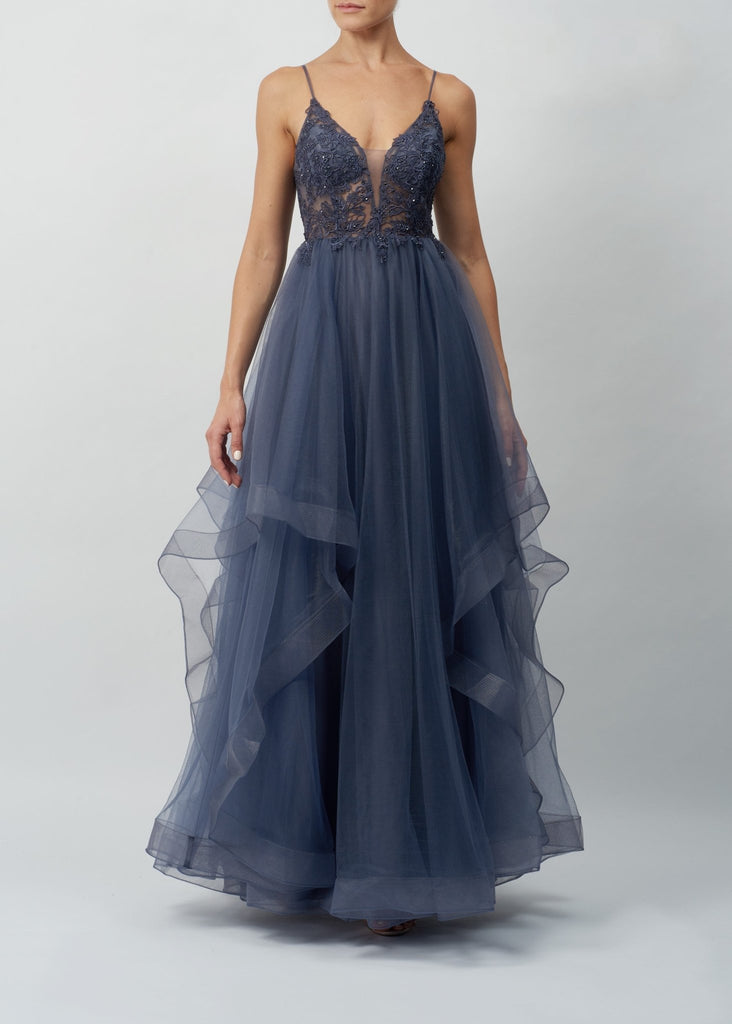 Charcoal Beaded Tier Tulle Ballgown MC110113