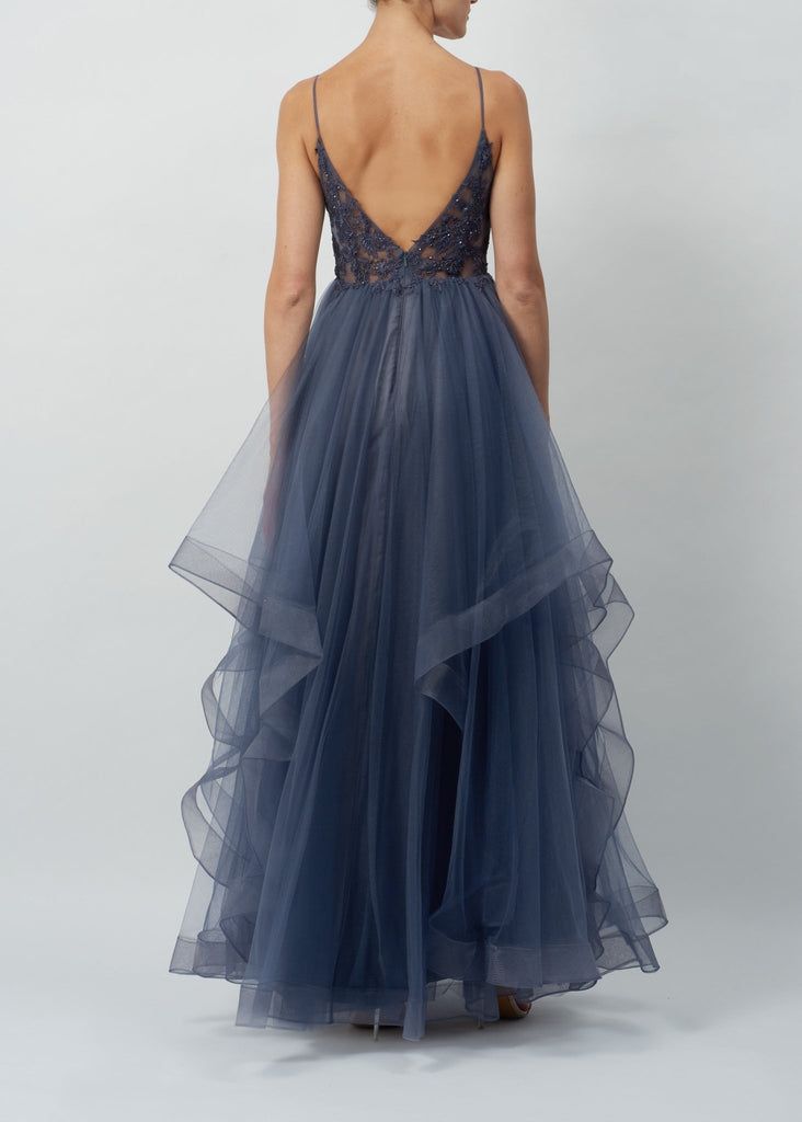Charcoal MC110113 Beaded Tier Tulle Ballgown - Cargo Clothing