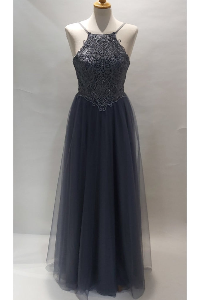 Charcoal gown with lace embellishments and tie back detail