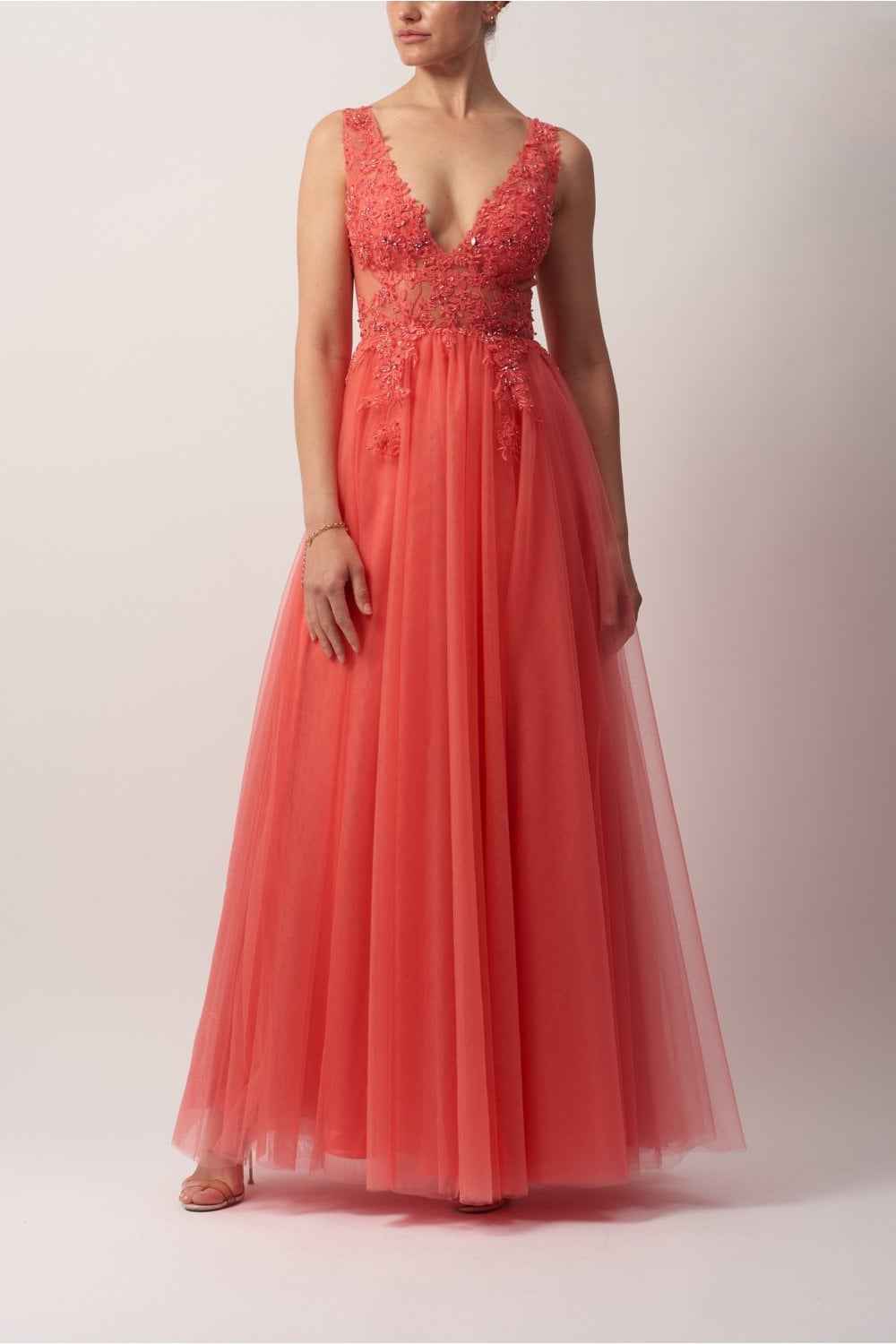 coral prom dress uk BABARONI Sequin Tulle Coral Prom Dresses A-line Off-the-shoulder Sleeveless BABARONI UK