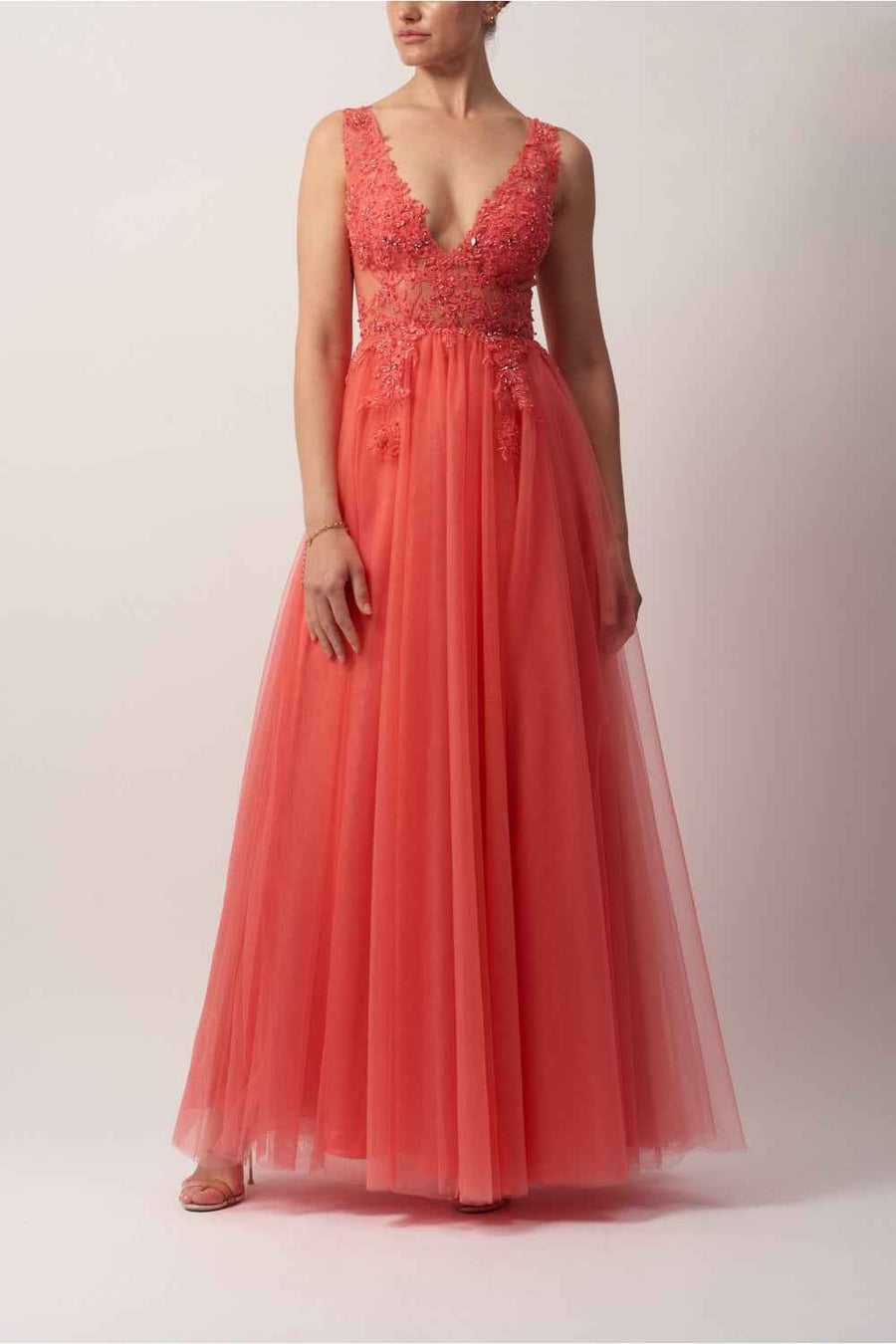 Coral Lace Prom Dress - Embroidered V Neck with Leg Split | Beads Coral Lace Prom Dress - Embroidered V Neck with Leg Split | Beads