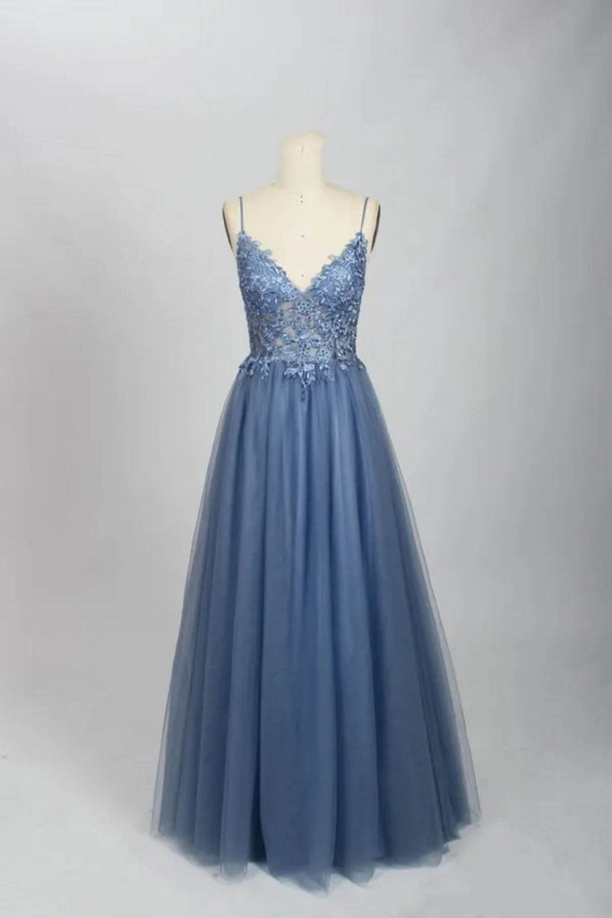 DUSTY BLUE 32649 V-Neckline Lace Bodice Tulle Skirt Gown - Cargo Clothing