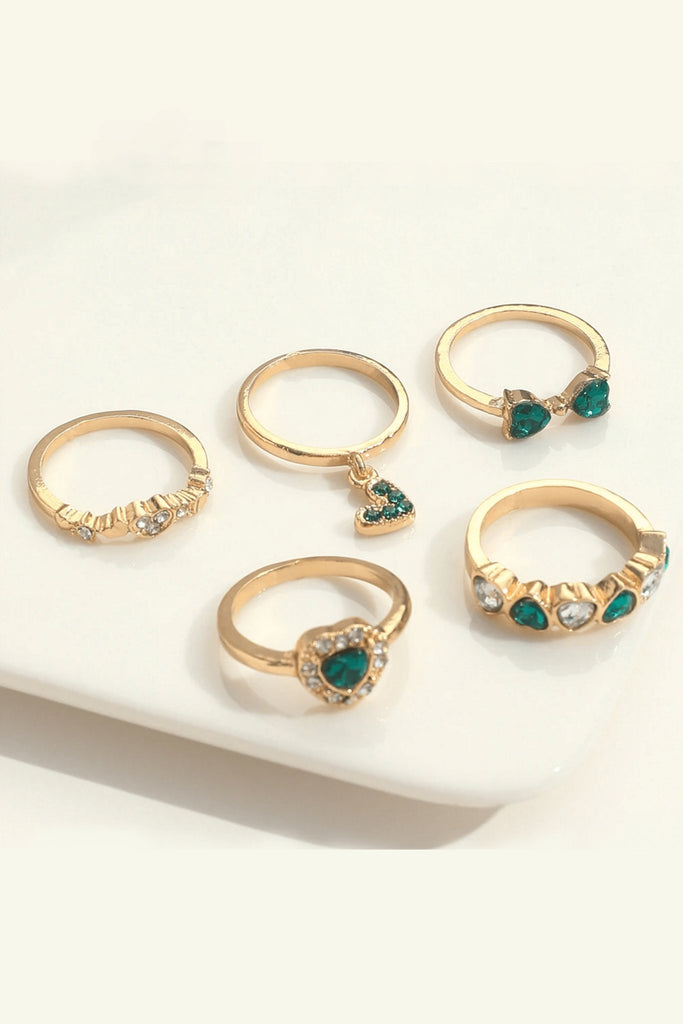 Emerald and Gold Bows and Lovehearts Ring Set (Set of 5)