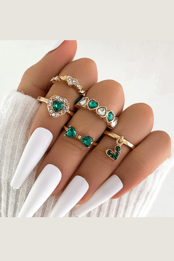 Emerald and Gold Bows and Lovehearts Ring Set (Set of 5) - Cargo Clothing