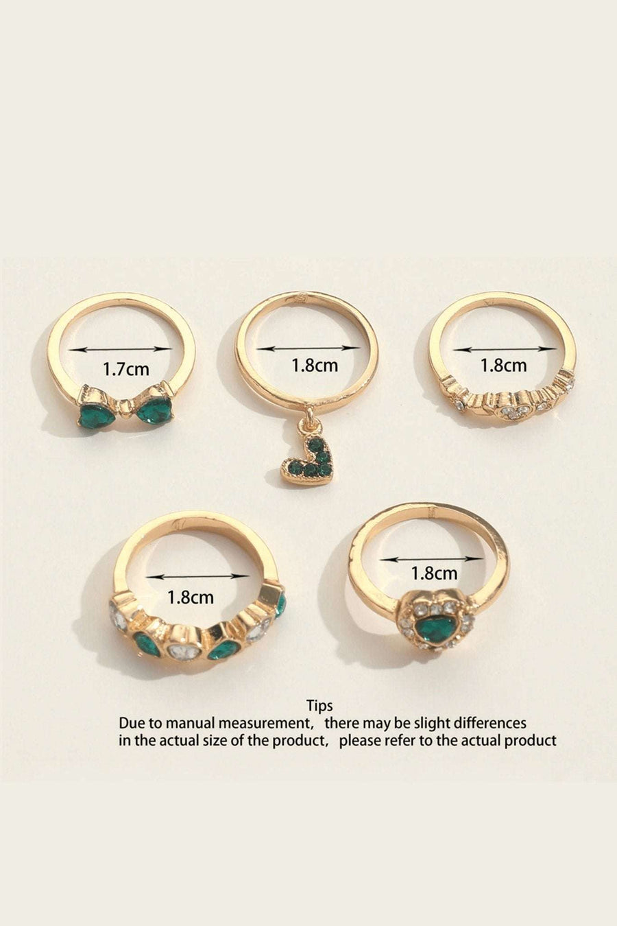 Emerald and Gold Bows and Lovehearts Ring Set (Set of 5) - Cargo Clothing