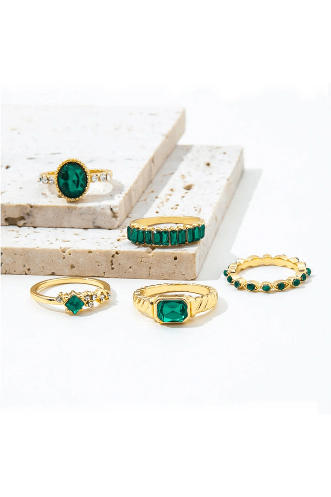 Emerald and Gold Vintage Aesthetic Rings (Set of 5) J0756HB