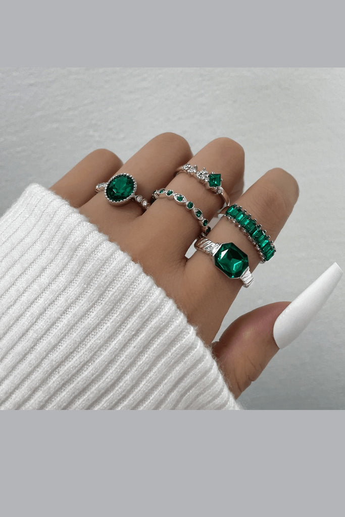 Emerald and Silver Vintage Aesthetic Ring Set (Set of 5) - Cargo Clothing