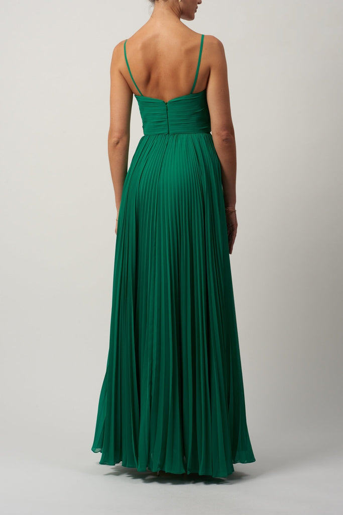 Young female standing in a Emerald Chiffon Dress back image