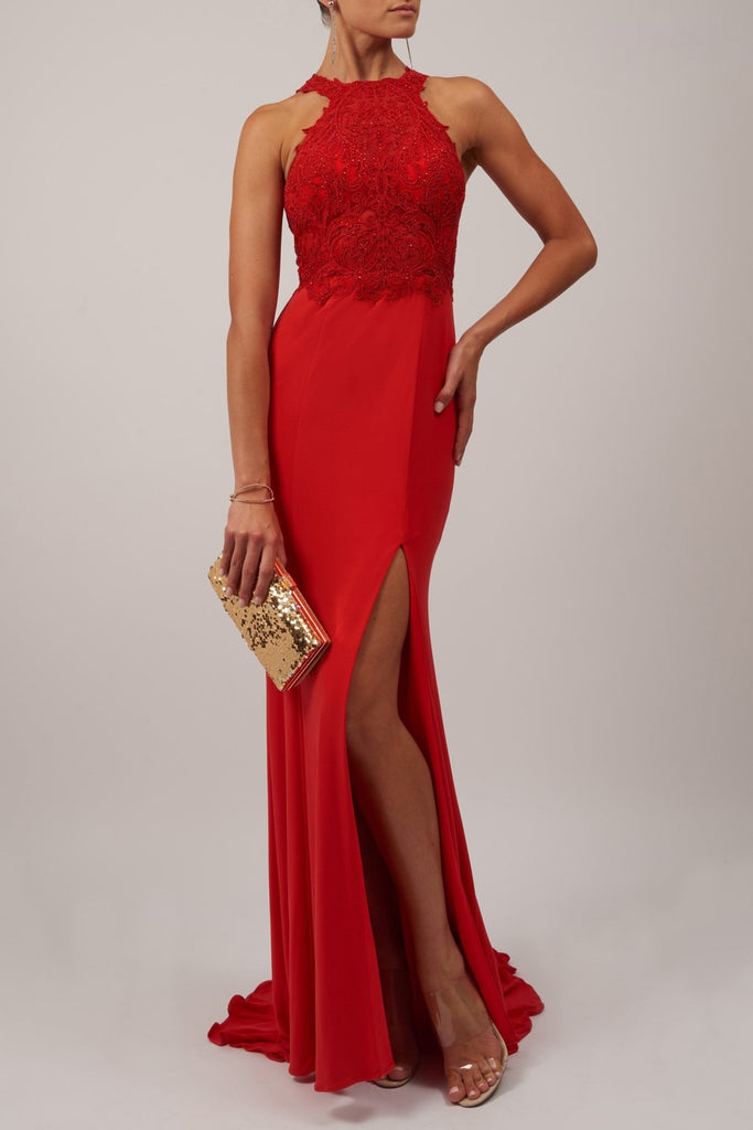 Flame red Lace High neck bodycon dress MC120932