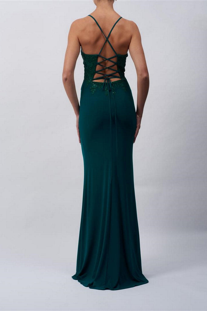 Forest Green Embellished Open back dress with tie MC112019