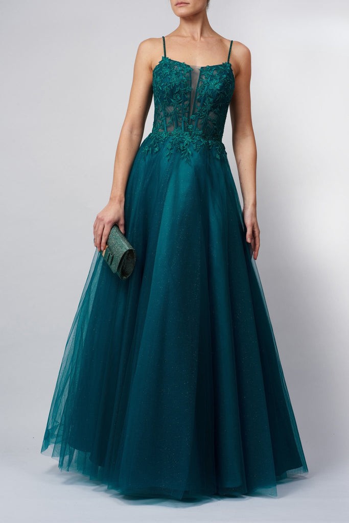 Model in a Forest Green ballgown