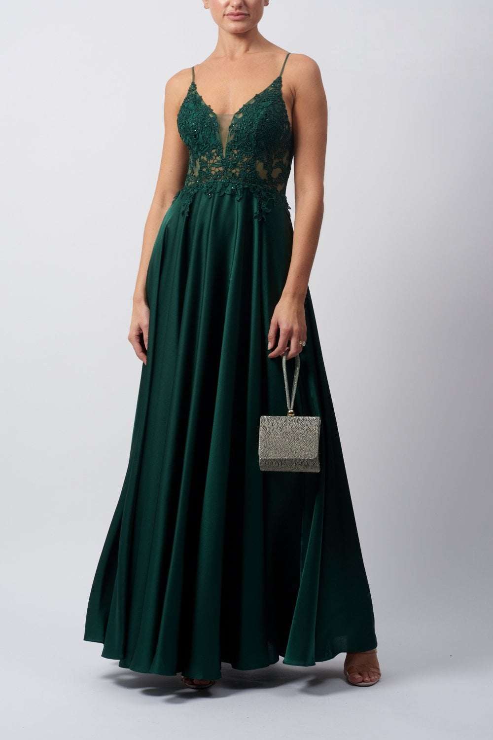 Forest Green Satin Dress - Green Lace Dress | MC12204 Features Forest Green / UK 4 Forest Green Satin Dress - Green Lace Dress | MC12204 Features Forest Green / UK 4