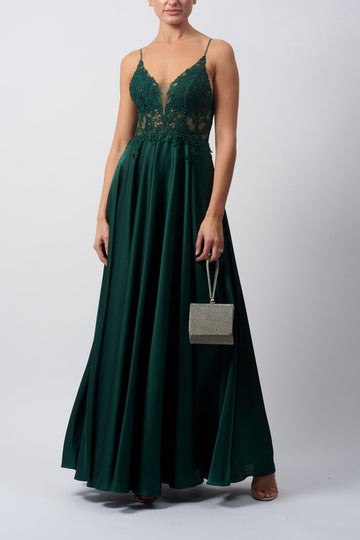 Forest Green MC12204 Embroidered Satin Dress - Cargo Clothing