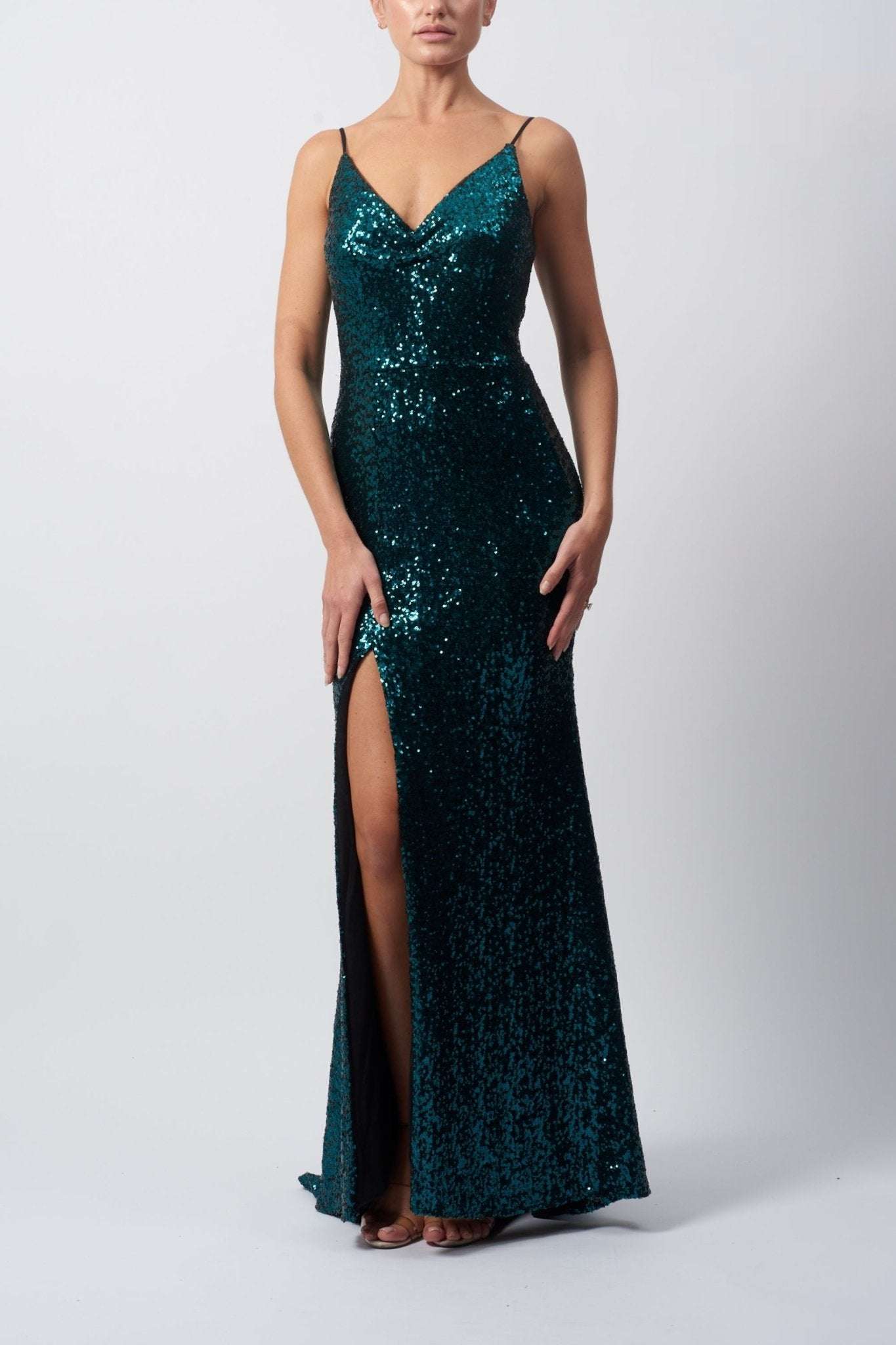 MC16208 Forest Green Dress - Sequin Dress | V Neckline, Split MC16208 Forest Green Dress - Sequin Dress | V Neckline, Split