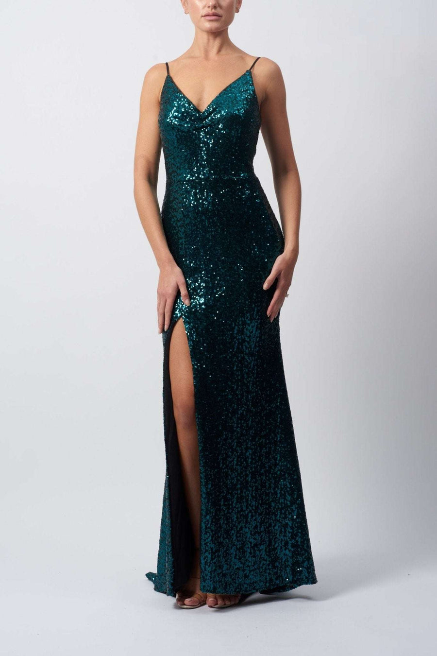 MC16208 Forest Green Dress - Sequin Dress | V Neckline, Split MC16208 Forest Green Dress - Sequin Dress | V Neckline, Split
