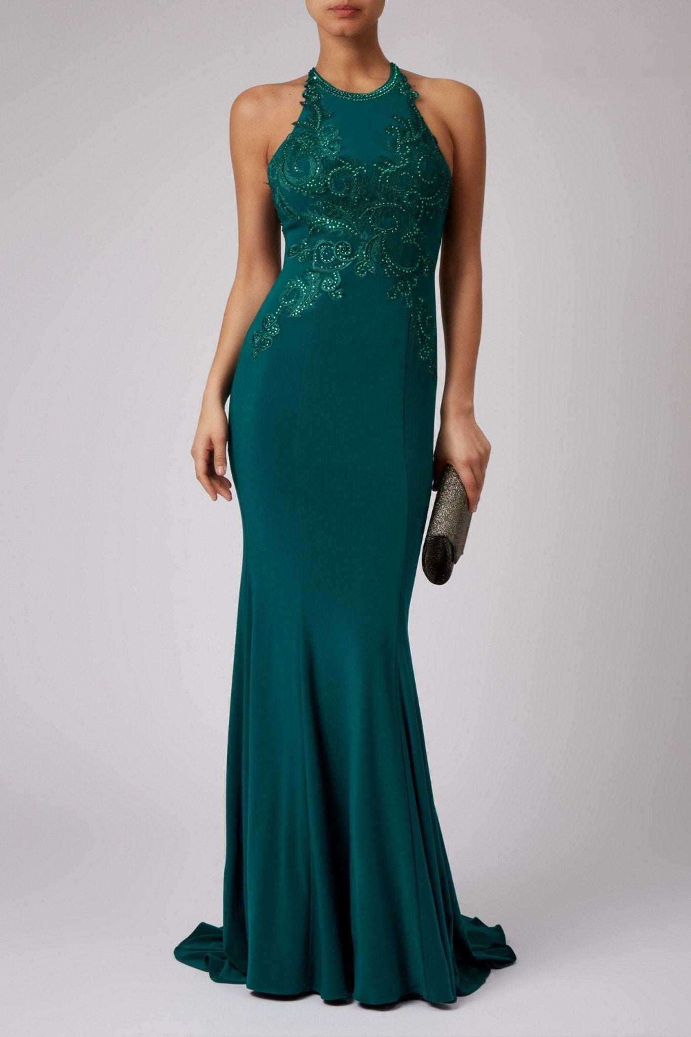 Lace High Neck Evening Dress - Green Forest | Open Back, Fishtail Lace High Neck Evening Dress - Green Forest | Open Back, Fishtail