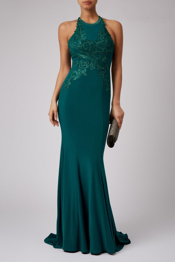 Forest Green MC181486 Lace high neck evening dress - Cargo Clothing