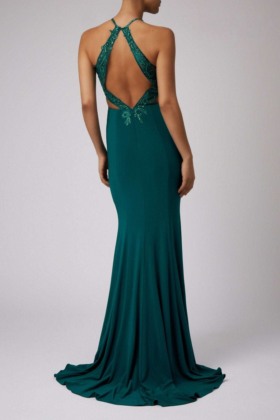 Forest Green MC181486 Lace high neck evening dress - Cargo Clothing