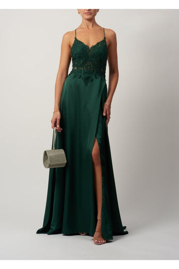 Young female standing in a Forest Green Satin Prom dress
