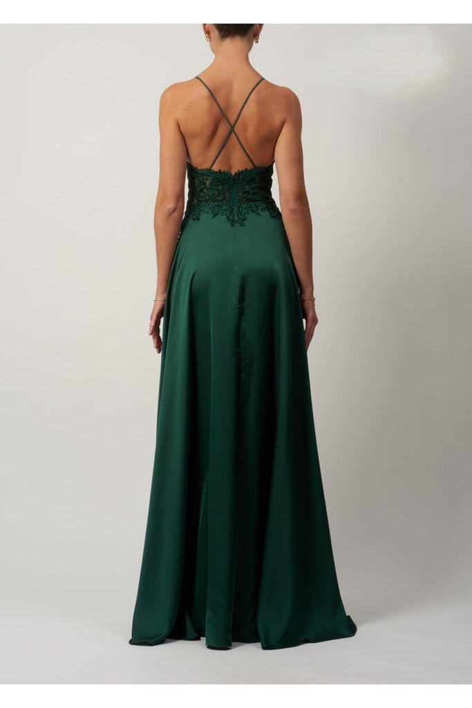Young female standing in a Forest Green Satin Prom dress back image