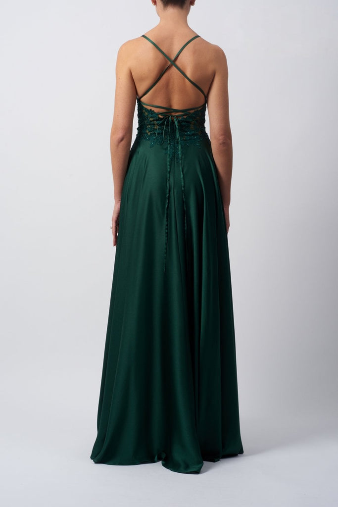 Forest Green MC1825017 Satin Low Back Dress - Cargo Clothing